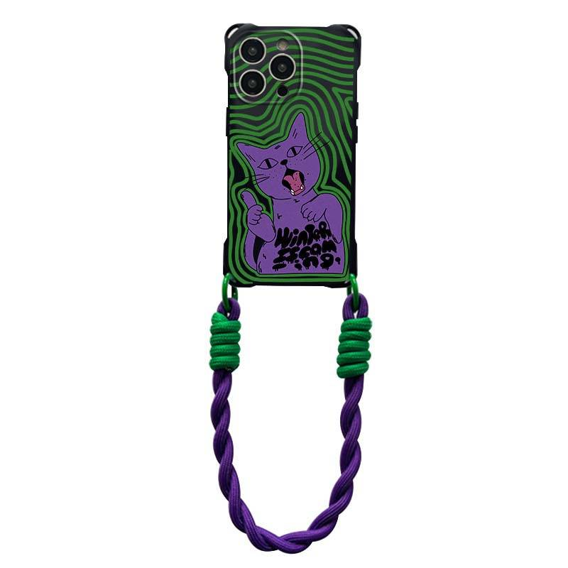 Custodia per telefono iPhone15 14 con tracolla tendenza gatto cartone animato 13 cordino intrecciato 12 11 copertura completa x/xs donna xr_voghion.com