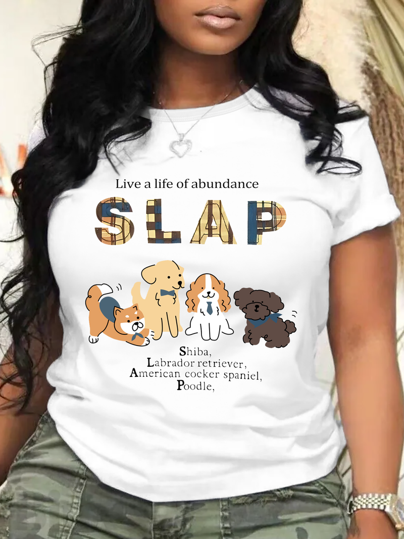 Nuova maglietta corta casual da donna, taglie forti, girocollo, con stampa grafica di un simpatico cane, comoda e traspirante, alla moda._voghion.com