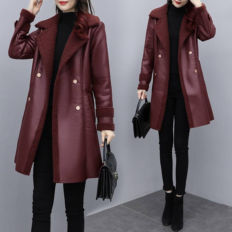 Dameskleding Dames imitatiebont leren jas winterjas - Stijlvolle oversized riem casual bovenkleding in rood, bruin, zwart (plus maten XL-5XL)_voghion.com