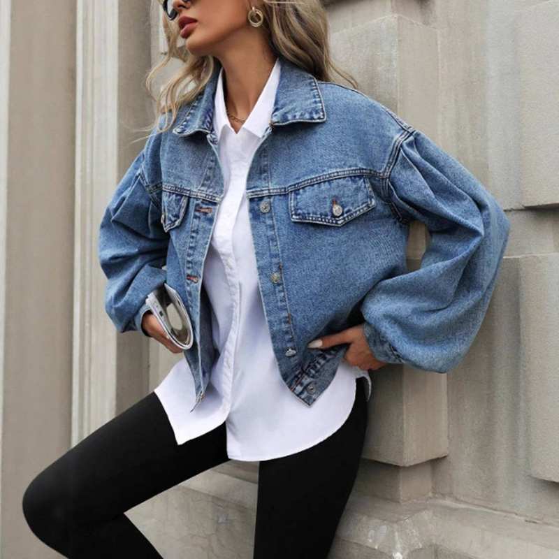 "Oversized Denim Jacket For Women - Street Style Cropped Coat, Distressed Cotton Blend With Button Front, Urban Chic Layering Piece_voghion.com