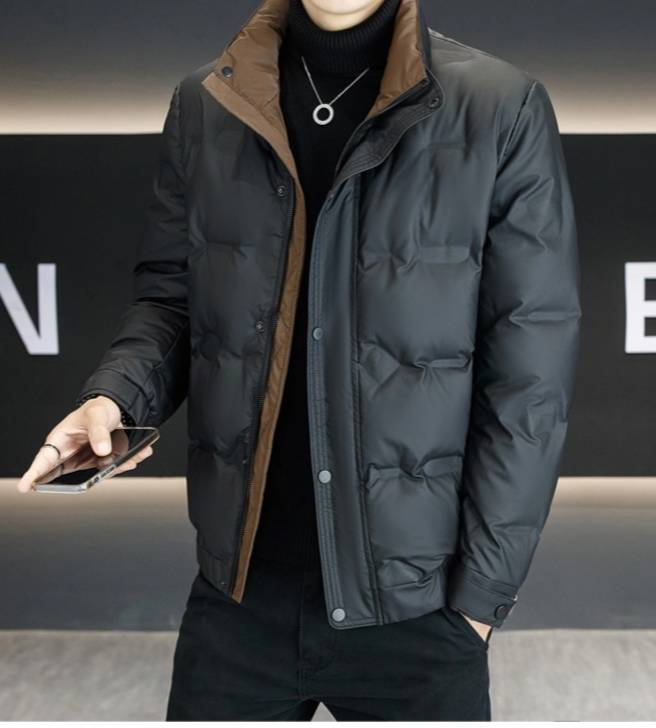 Herrenbekleidung Leichte Daunenjacke für Herren mit Stehkragen – Wasserdichter, winddichter Wintermantel für Business Casual (Schwarz, Khakigrün)_voghion.com