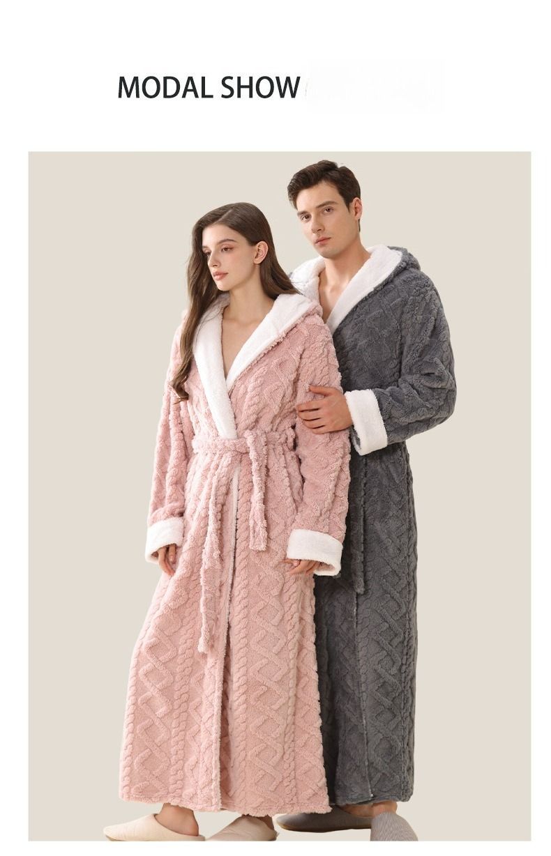 Vollständig verwaltetes, grenzüberschreitendes, erweitertes Jacquard-Flanell-Nachthemd mit Kapuze für Damen, dicker, warmer Pyjama-Bademantel für Paare_voghion.com