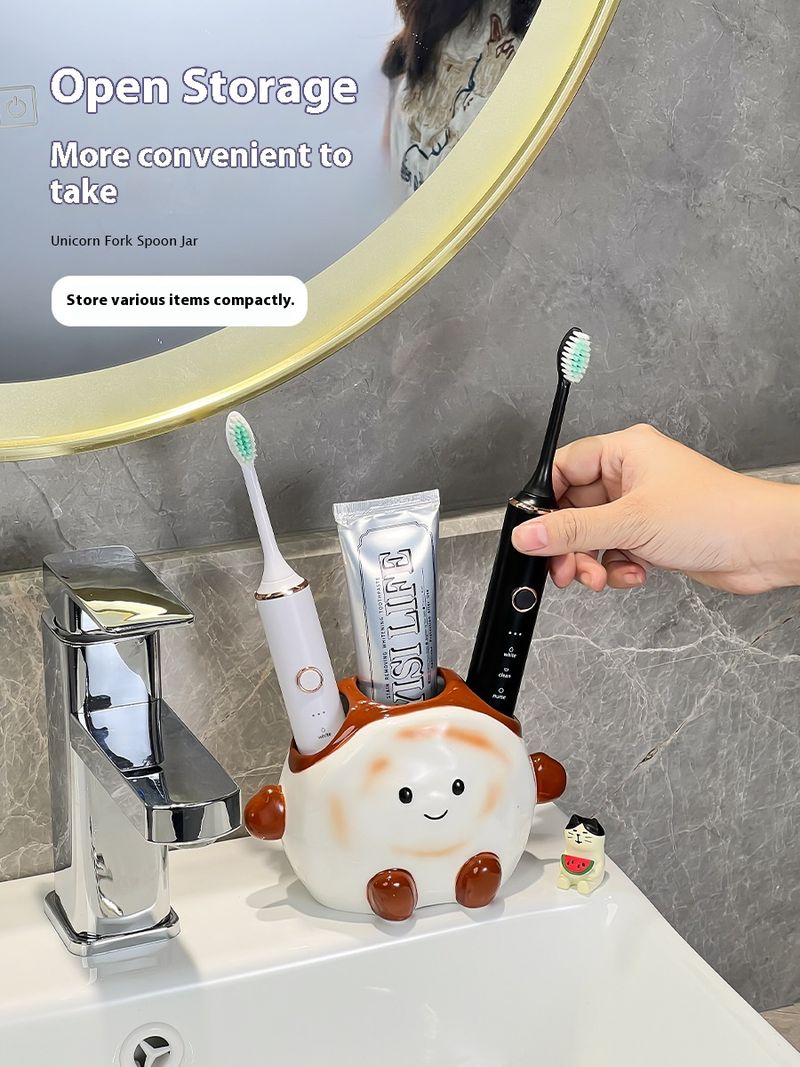 Whimsical Toothbrush Holder – Cartoon-Themed Ceramic Stand For Electric & Manual Toothbrushes No Drilling Required_voghion.com