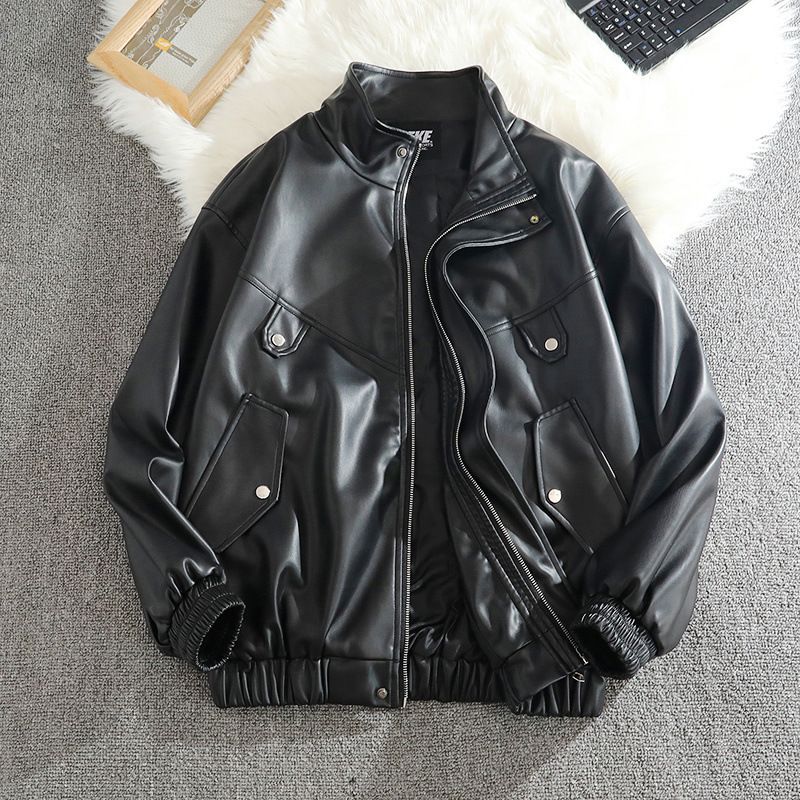 Suitable For All Seasons American Style PU Cool Handsome Flight Jacket Streetwear Motorcycle Sheepskin Pattern Coat Men Autumn Winter Trendy_voghion.com