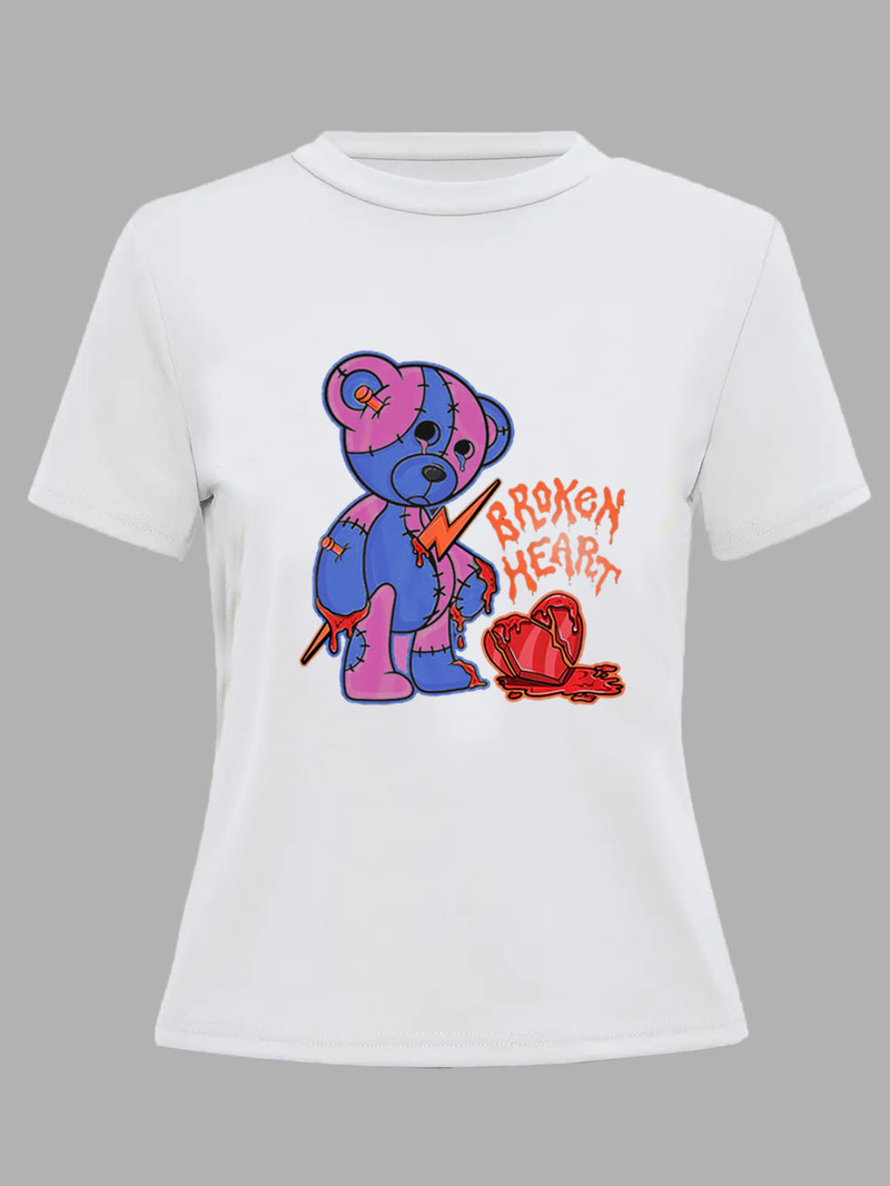 Blusa feminina de algodão com letras impressas, tamanho grande, manga curta solta_voghion.com