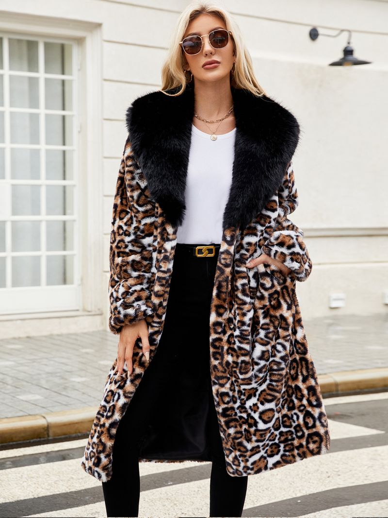 Cappotto in pelliccia sintetica extra lungo da donna con collo in pelliccia sintetica staccabile – Elegante soprabito invernale con stampa leopardata_voghion.com