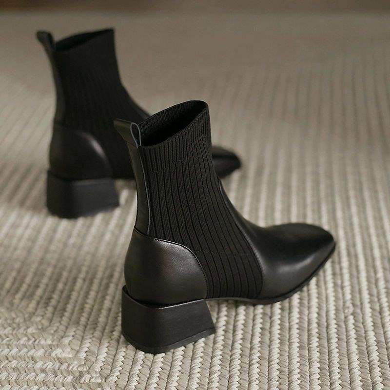 35-43 Large Size Shoes Thick Martin Women's 41 Square Toe Mid Heel Stretch Sock Knitted Slim Short Boots 42_voghion.com
