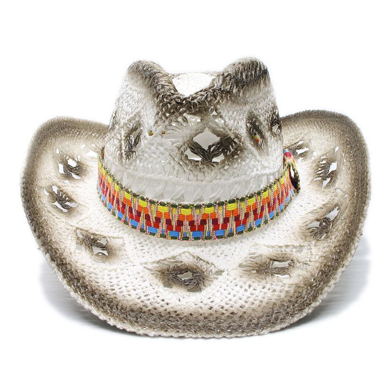 Modischer LUCKYLIANJI-Hut im Vintage-Stil für Damen und Herren, Unisex, breite Krempe, Strohhut, Sonnenhut, Strandhut, Cowboyhut, Cowgirlhut, Westernhut, Ethno-Stil, Band (58 cm)_voghion.com