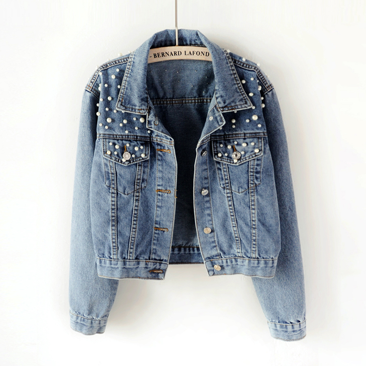 Chaqueta vaquera de manga larga para mujer, chaqueta vaquera holgada con botones y perlas, solapa corta, informal salvaje, entrega rápida, novedad de otoño de 2023_voghion.com