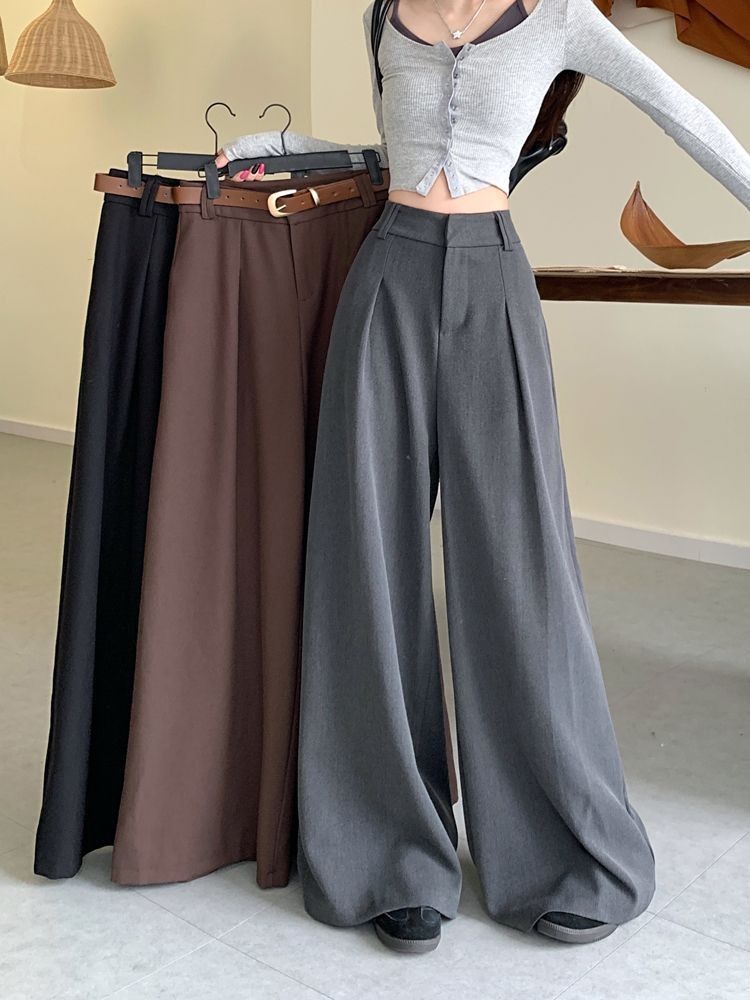 Women's Clothing High Waisted Wide Leg Pants For Women - Loose Fit Office Trousers With Elastic Waist | Flowy Dress Pants Black/Grey/Brown (S-XXL)_voghion.com