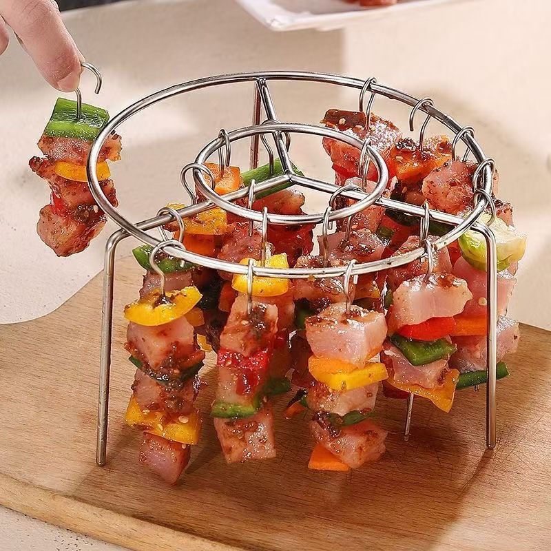 Air Fryer Set Food Grade Stainless Steel Round Grill BBQ Rack Skewer Holder_voghion.com