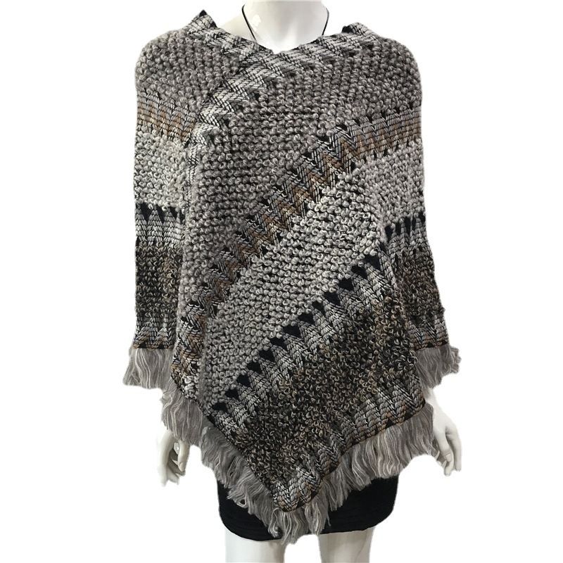 Maglione pullover largo con scialle irregolare con scollo a V e nappa irregolare, moda donna autunno_voghion.com