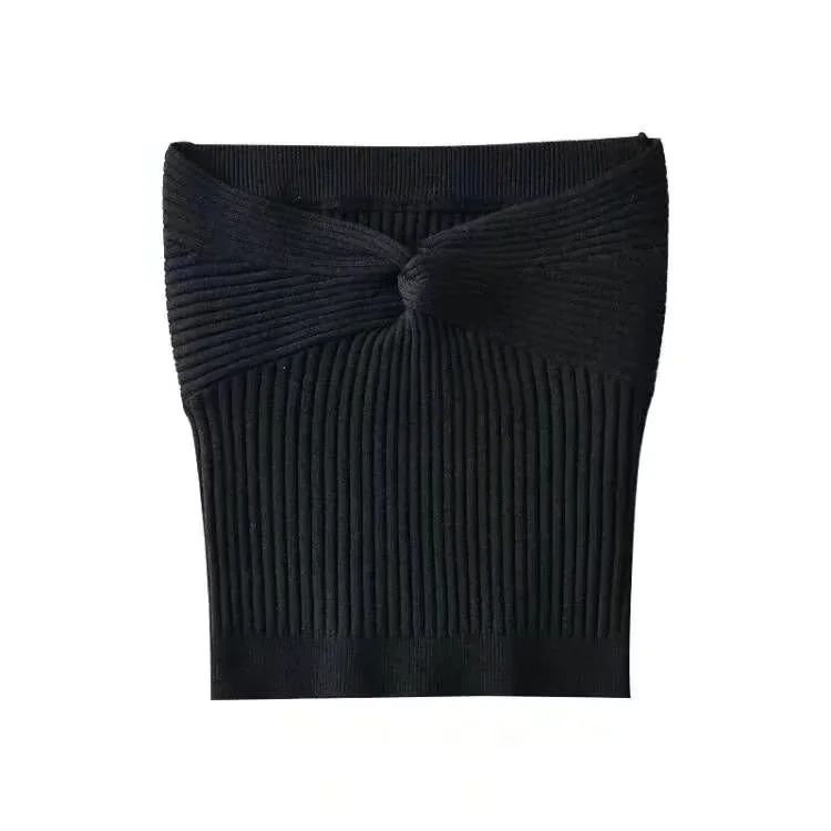 INS Vår/sommar Stickad Twisted Off Shoulder Base Axelbandslös för kvinnor, tight och sexig lågskuren kort väst Trend_voghion.com