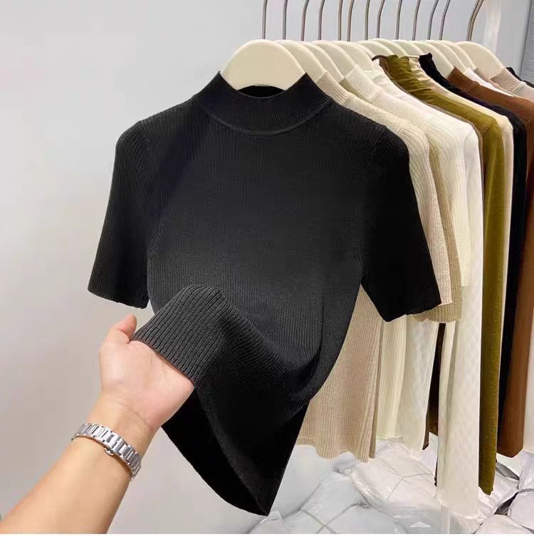 Maglia aderente con collo semi-alto – Pullover traspirante a maniche corte (essenziale per un look a strati leggero, bianco, nero)_voghion.com