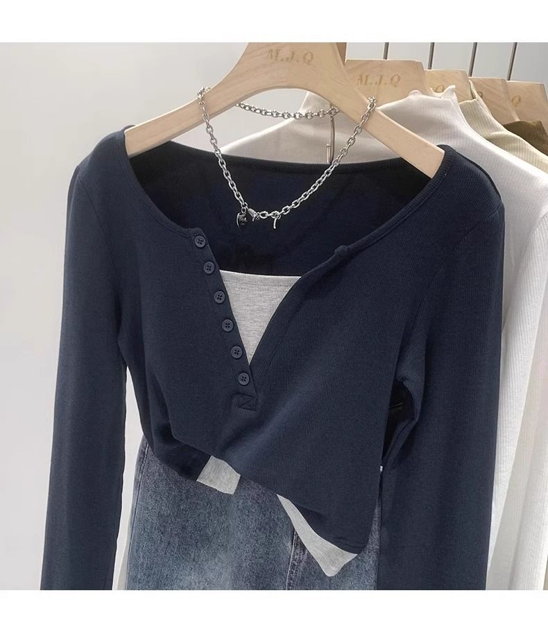 Korte gestalte color blocking korte top twee V-hals lange mouwen T-shirts voor dames herfst Amerikaanse slim fit pittig_voghion.com