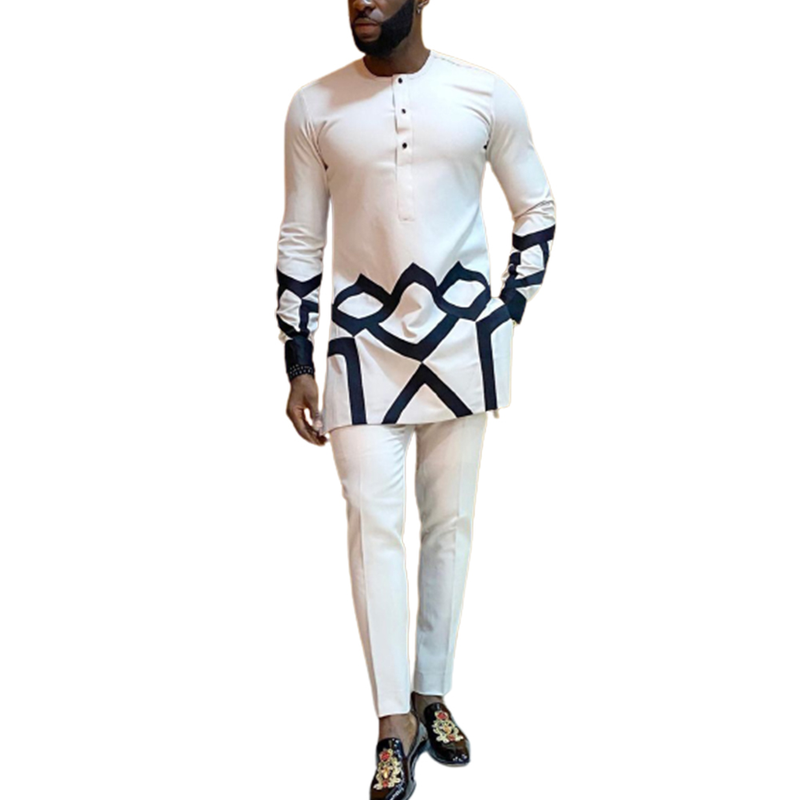 Kaftan Elegant Afrikansk Sett 2-delt Antrekk Langermede Etniske Topper og Bukser Full Herredress Bryllup Herreklær_voghion.com