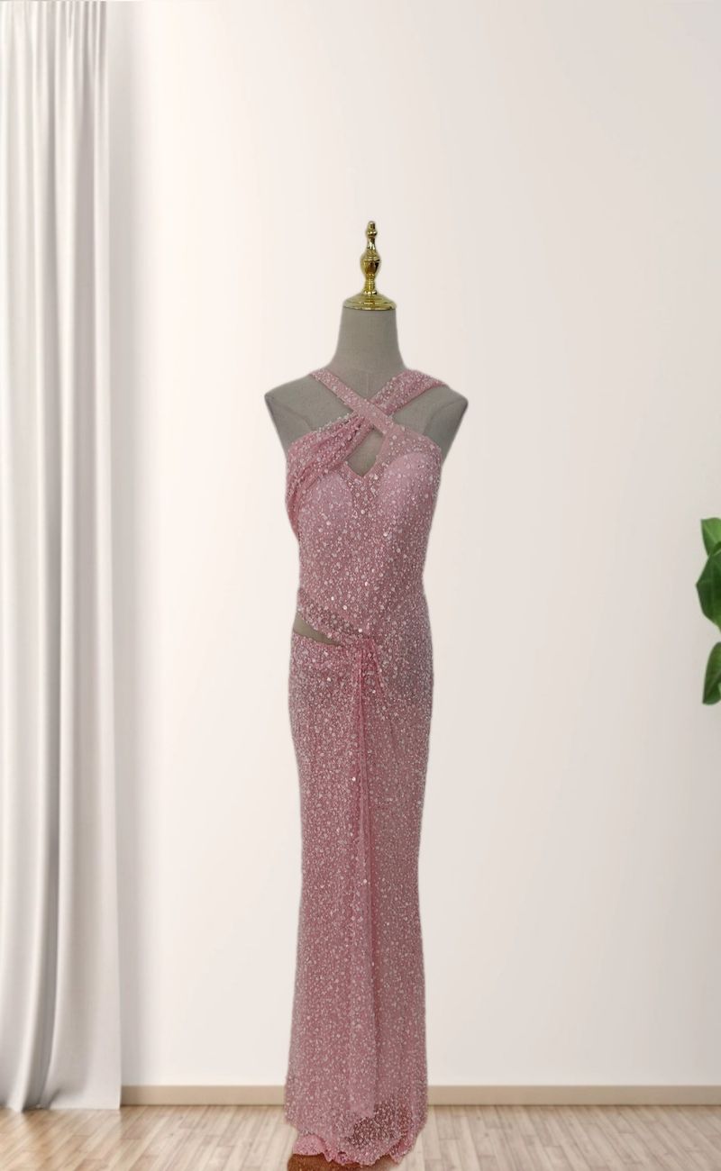 Elegante abito da sera lungo aderente con paillettes per donna - Scollo a V profondo, vita alta, abito da festa lungo fino a terra, colore rosa_voghion.com
