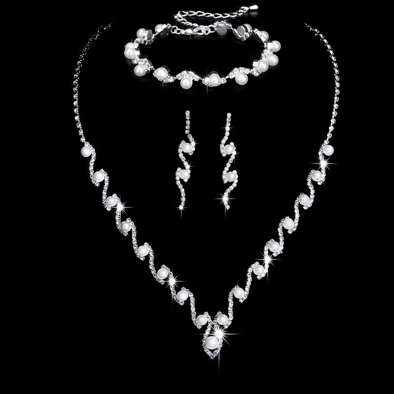 Set di gioielli da sposa per donna - Collana e orecchini in argento sterling con perle e diamanti (completo di gioielli da sposa)_voghion.com