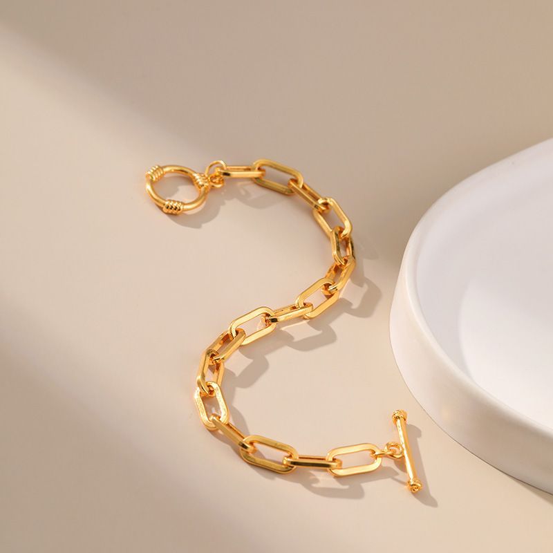 Popular Minimalist Ins Paper Clip Plated K Real Gold Chain Hollow Design OT Buckle Cold Style Bracelet_voghion.com