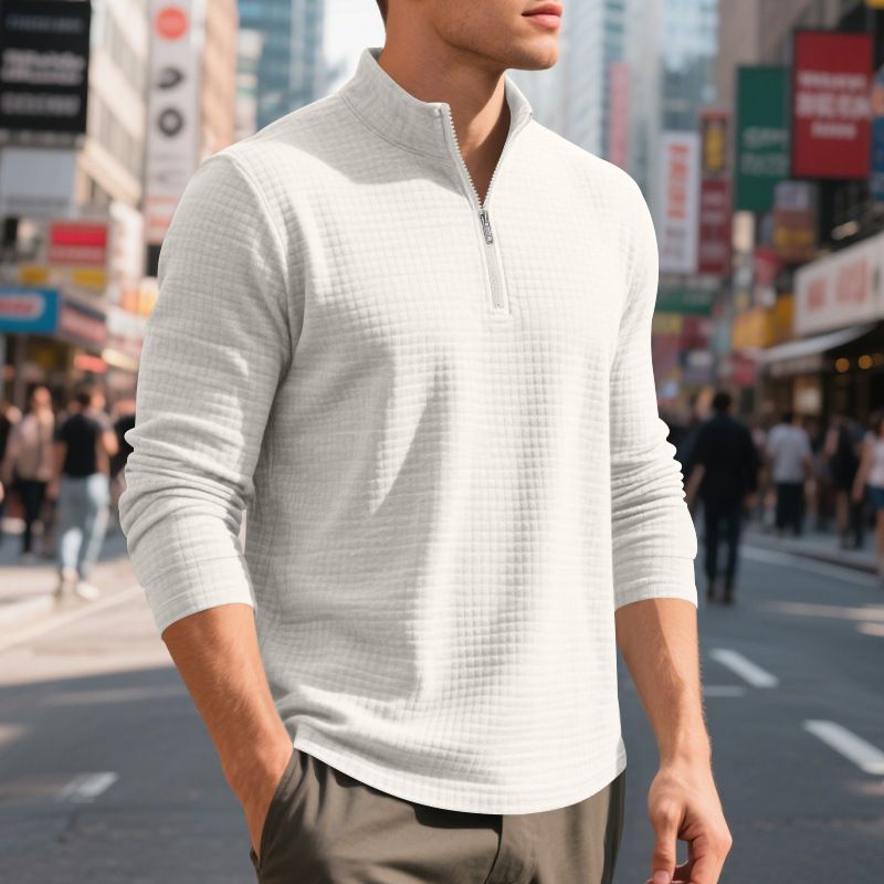 Men's Casual Pullover Sweatshirt With Jacquard Design, Stand Collar & Half-Zip, Loose Fit, Autumn/Winter Essential_voghion.com