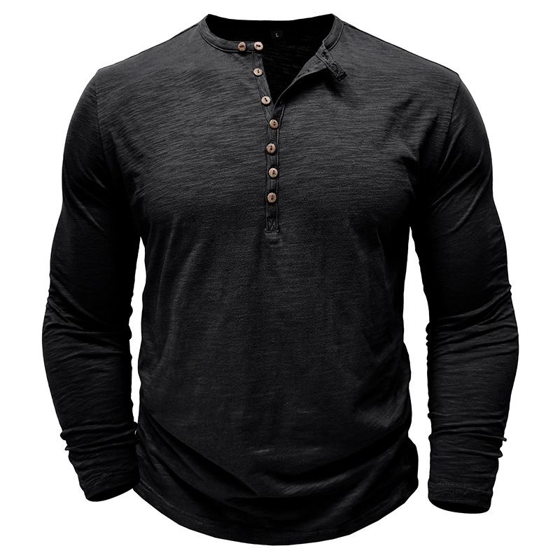 2025 Langarm Herren Top Frühling Herbst Bambus Baumwolle Einfarbig Knopf Henley Shirt Männer_voghion.com