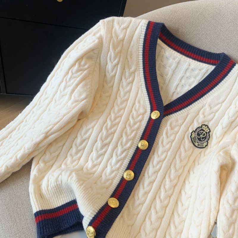 Cardigan in maglia color block con scollo a V di ispirazione vintage – Cappotto lungo in maglia a trecce per donna_voghion.com