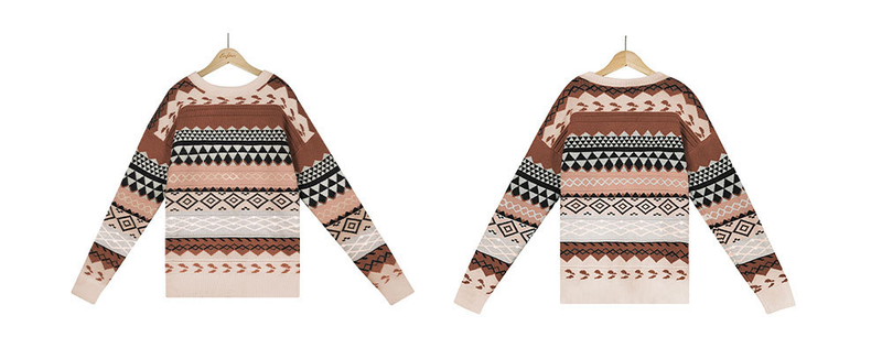 Women's clothing retro pattern diamond jacquard multi-color stitching sweater Halloween pullover sweater for women_voghion.com