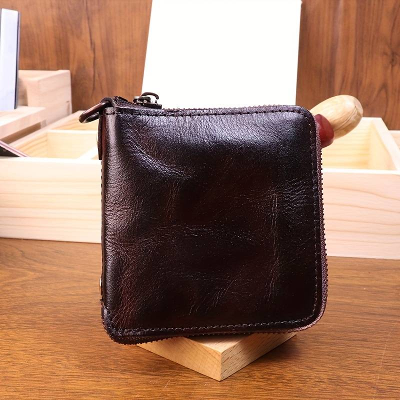Handmade Genuine Leather Wallet Retro Short Vintage Vegetable-tanned Water-washed Cowhide Personalized Zipper Wallet_voghion.com