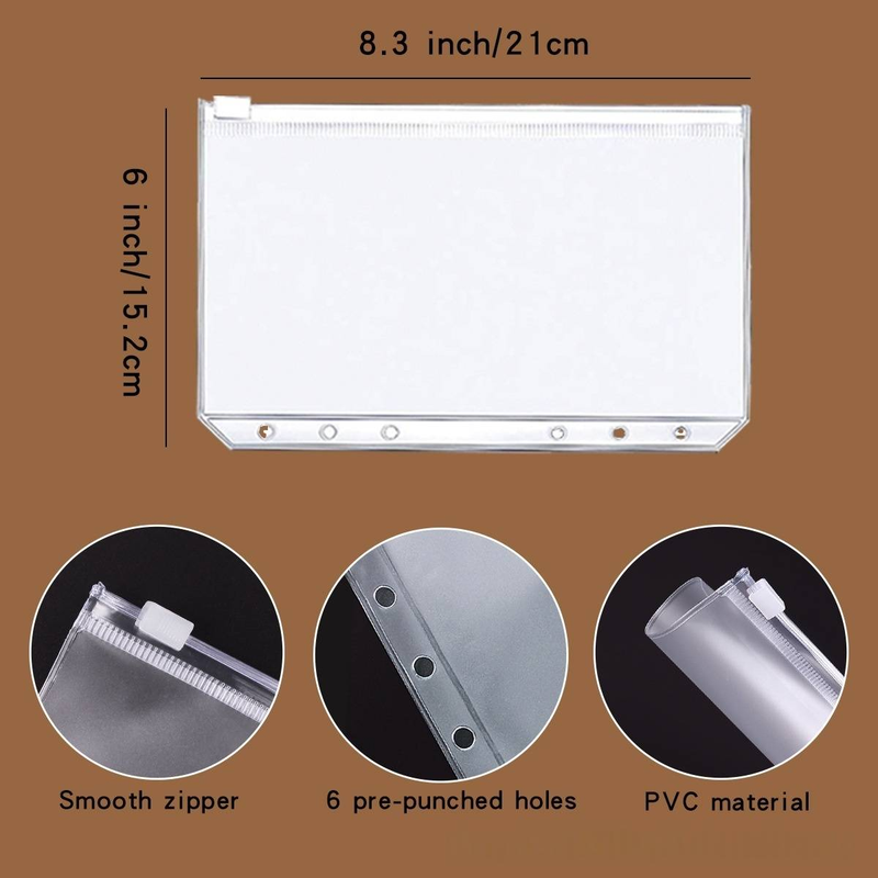 Caderno A6 de couro PU com mecanismo de 6 argolas, inclui 12 bolsos com zíper e 16 adesivos – perfeito para orçamento, diário e organização_voghion.com