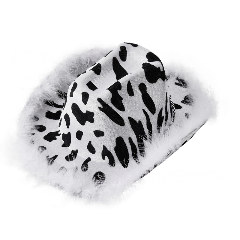 Milk Print White Feather Cowboy Hat Black And White Fur Print Milk White Feather Plush Cowboy Hat_voghion.com