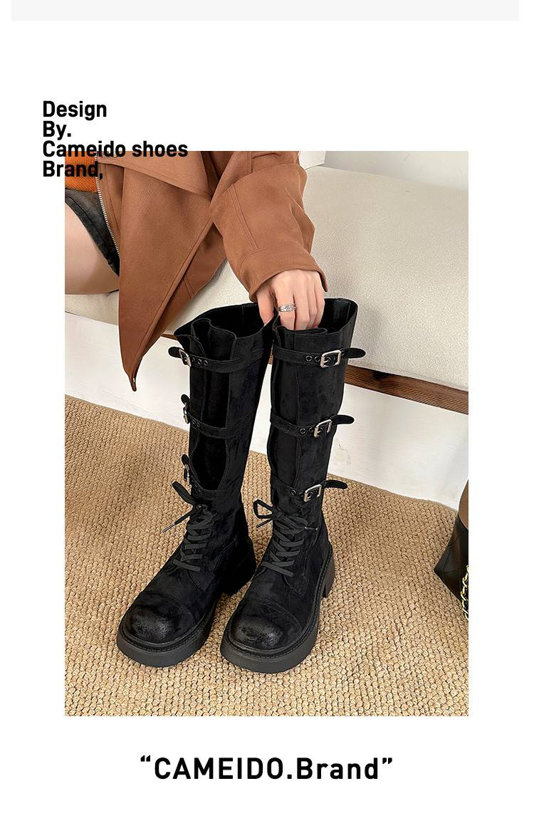 Cameido Women's Adjustable Leg Length Thigh High Boots With Belt Buckle And Lace Up Thick Soles For Autumn And Winter_voghion.com