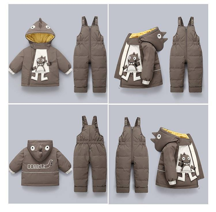 Set di piumini invernali premium per bambini - Tuta da neve calda in 2 pezzi per ragazzi e ragazze, morbido cappotto con cappuccio e bavaglino staccabile, imbottitura in piumino d'anatra bianca al 50%_voghion.com