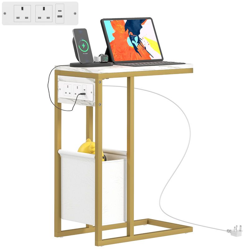 HOMCOM C Shaped Side Table, Faux Marble Bedside Table With Charging Station_voghion.com