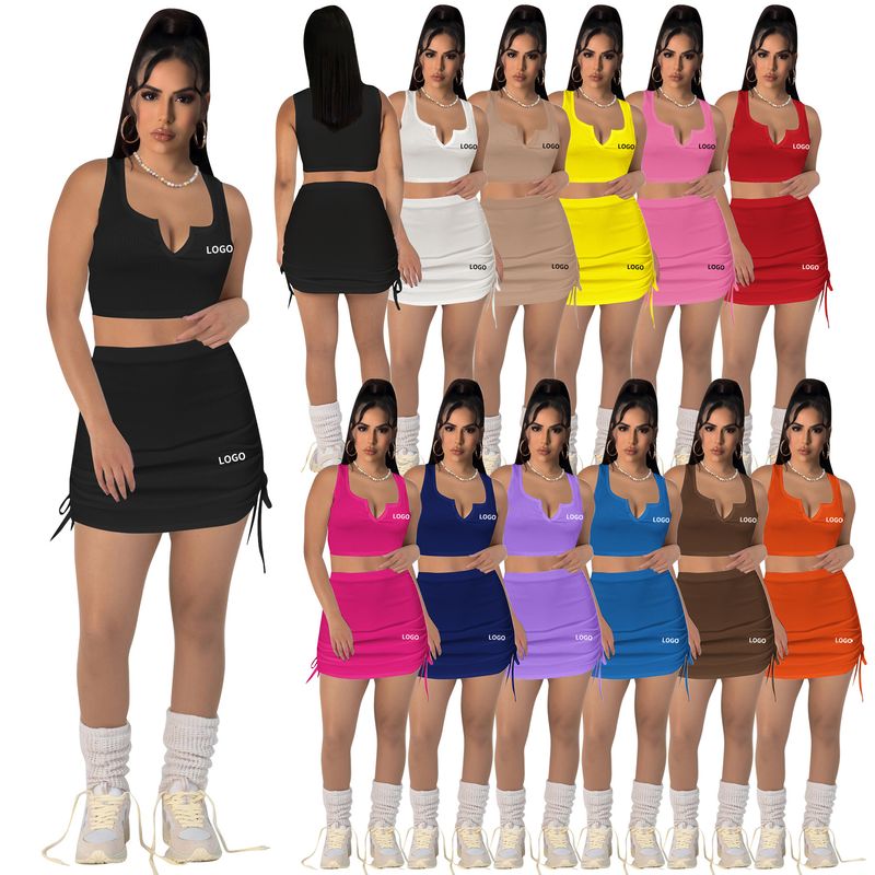 Y71356 Women's Cotton Ribbed High Elastic V-neck Waist Drawstring Embroidered Short Skirt Set_voghion.com