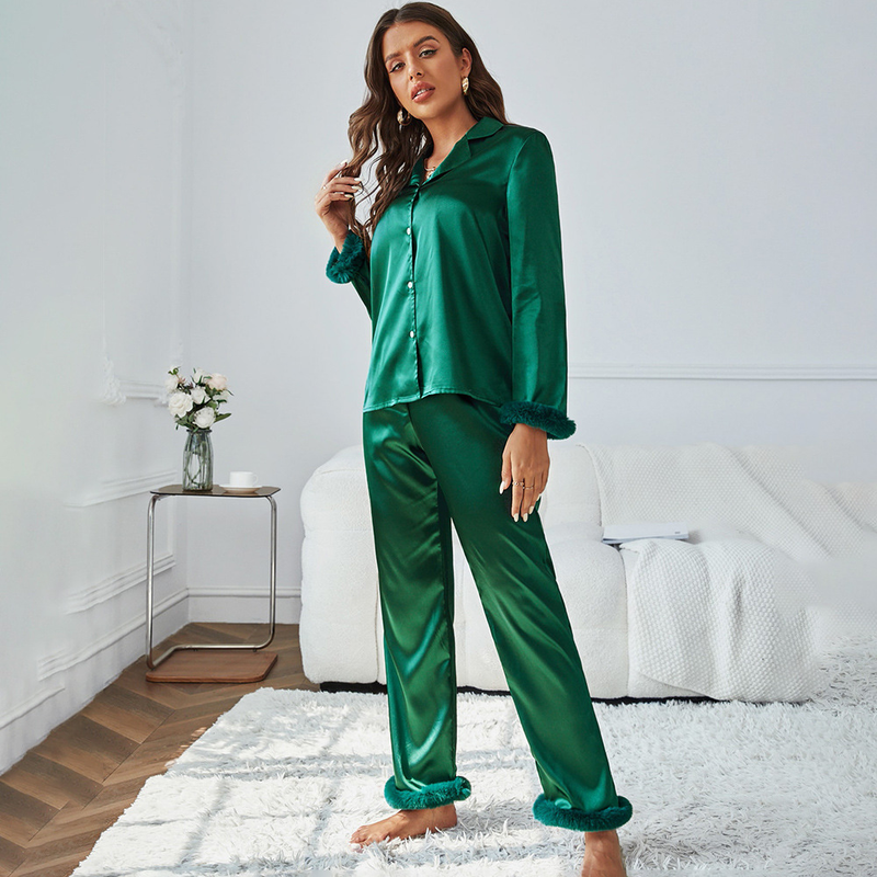 Pyjama, Hose, Heimkleidung, Anzug, Revers-Oberteil, Feder-Zweiteiler, Damen-Langarm, Marineblau_voghion.com