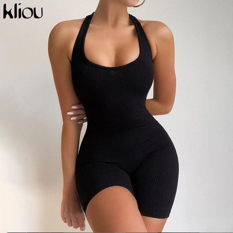 Kliou Randig Sportig träningsgrimma Kvinnor Fritidskläder Aktivt slitage Rygglös Ärmlös lekdräkt Athleisure Biker Playsuits_voghion.com