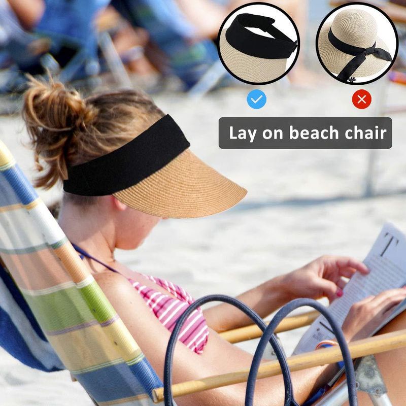 BABAHU Outdoor Women's Grass Weaving Sunshade Hat with Wide Brim Summer Empty Top Sun Hat Ponytail Braid Beach Hat Foldable_voghion.com