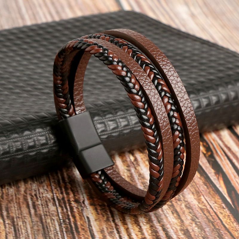 new leather hand woven bracelet men's magnet buckle stainless steel bracelet jewelry women's_voghion.com