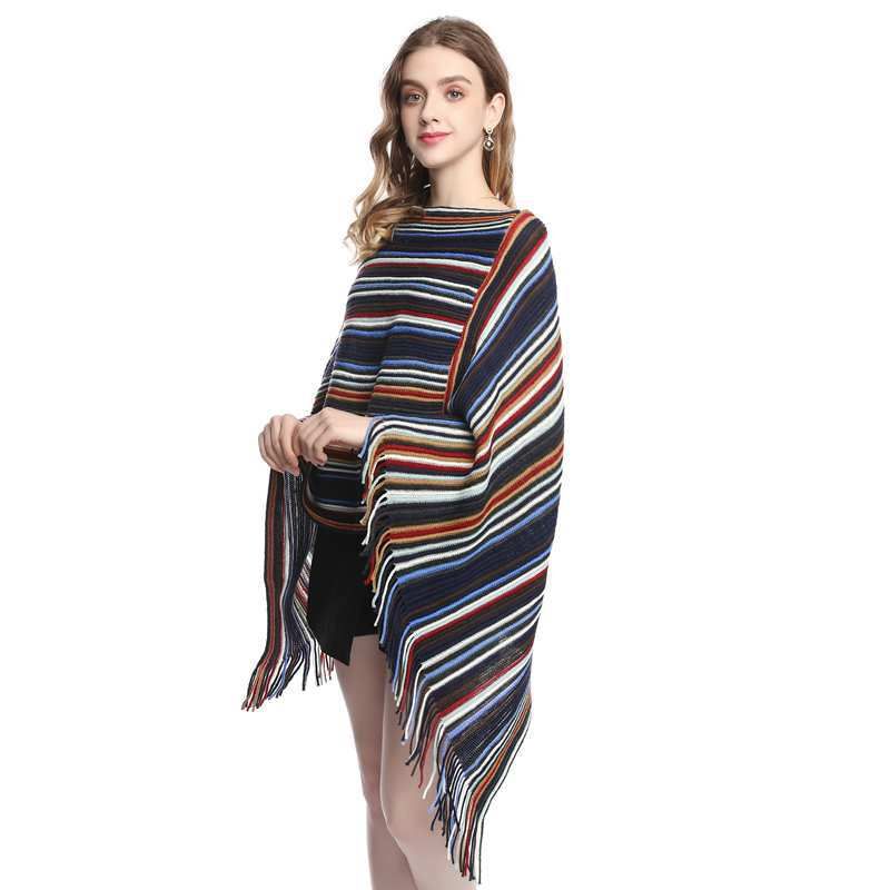 Women's striped tassel cape V-neck pullover sweater jacket_voghion.com