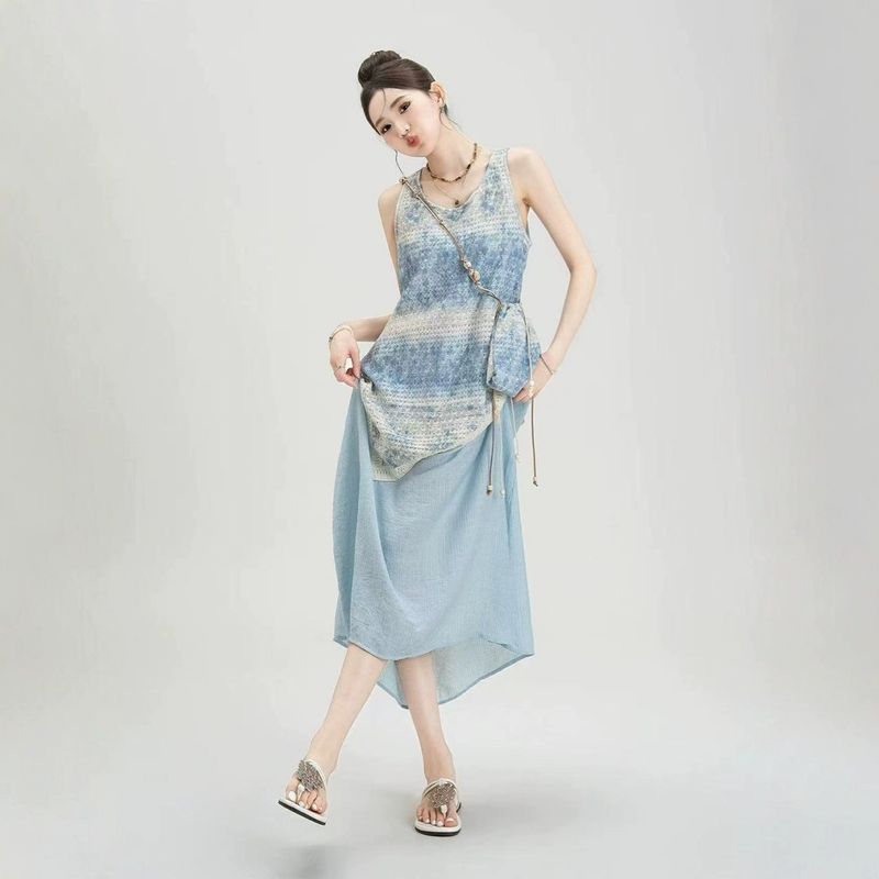 Robe gilet deux pièces patchwork irrégulière à pompons pour femme, dégradé bleu, style plage, avec sac_voghion.com