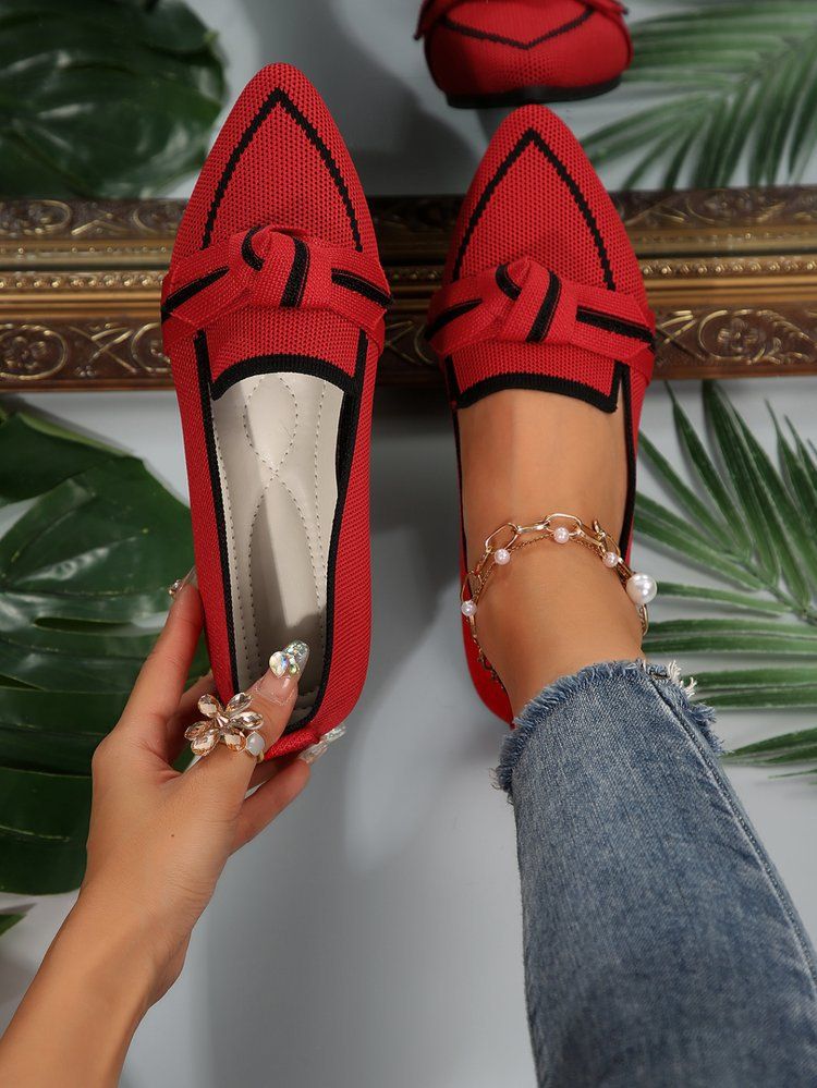 Slim Pointed Toe Plus Size Flat For Women 2025 Fashion Slip-On Bowknot Casual Breathable Color Block Shoes_voghion.com