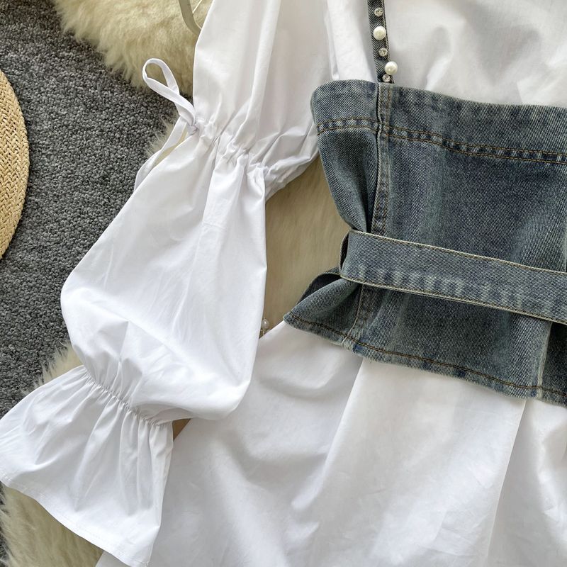 Ensemble de printemps pour femme : gilet en jean brodé, chemisier à manches longues, ensemble deux pièces orné de strass et de perles qui soulignent la taille._voghion.com