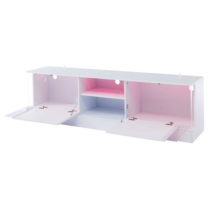Meuble TV blanc brillant pour téléviseurs jusqu'à 70 pouces, console multimédia sur pied avec éclairage LED, centre de divertissement pour salon_voghion.com