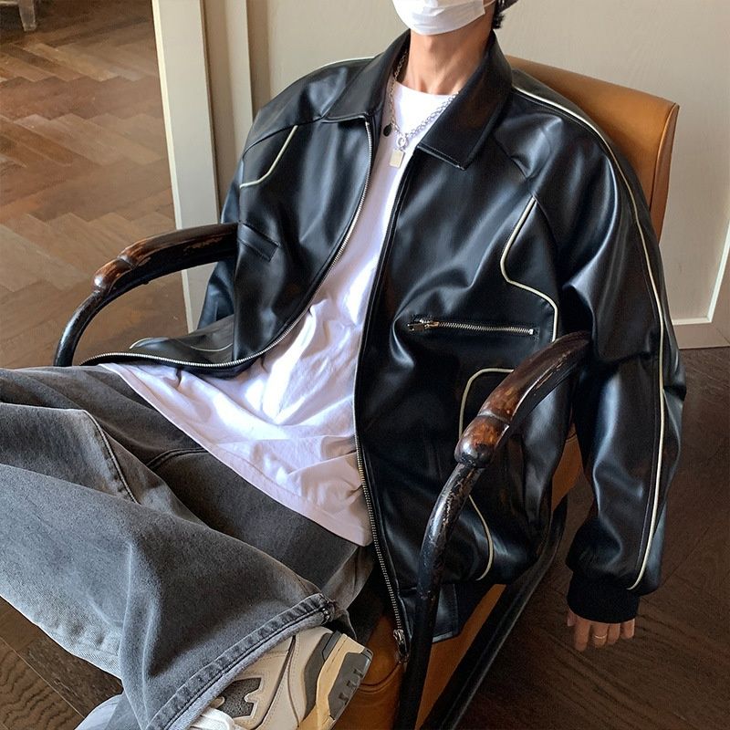 Veste en cuir noir rétro américaine Hue pour homme, collection printemps-automne, idéale pour la moto._voghion.com