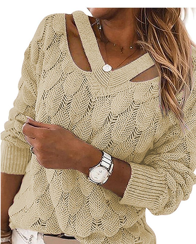 Maglione lavorato a maglia con scollo a V e spalle scoperte, nuovo modello 2025, da donna, autunno inverno_voghion.com