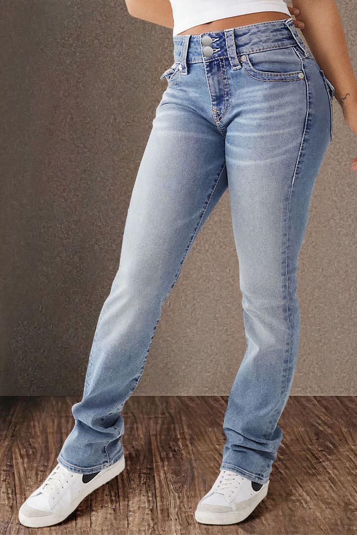 Double Button Mid Waist Straight Jeans Women's Slim Temperament Pants_voghion.com