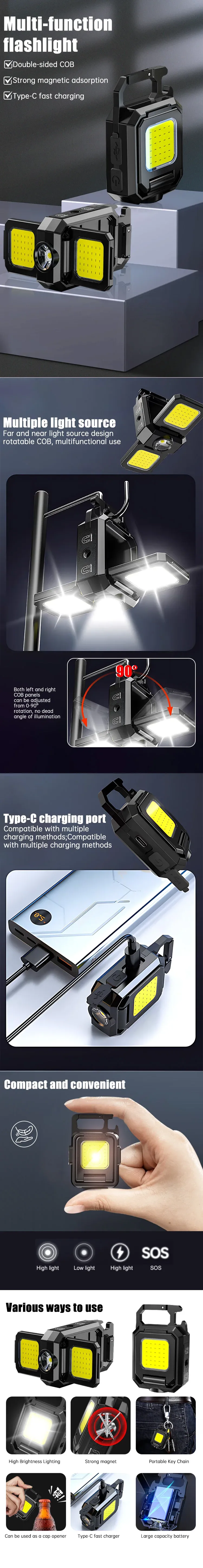 Mini-Taschenlampe, Schlüsselanhänger-Licht, COB-Arbeitslicht, wiederaufladbare USB-Lampe mit 90° faltbaren Seitenlichtern, superhelle tragbare Laternen_voghion.com