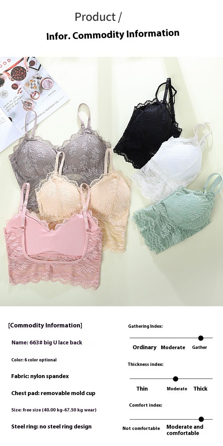 Sexy lace backless camisole vest for women, anti glare base, inner layer with cushion, breathable large U-shaped chest_voghion.com