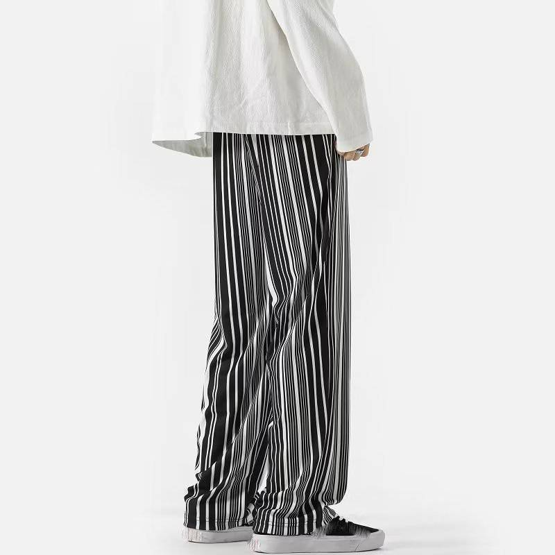 Pantaloni casual cu dungi verticale alb-negru texturați pentru bărbați, pantaloni largi, cu drapaj, pentru ștergere, pantaloni largi cu picior larg_voghion.com