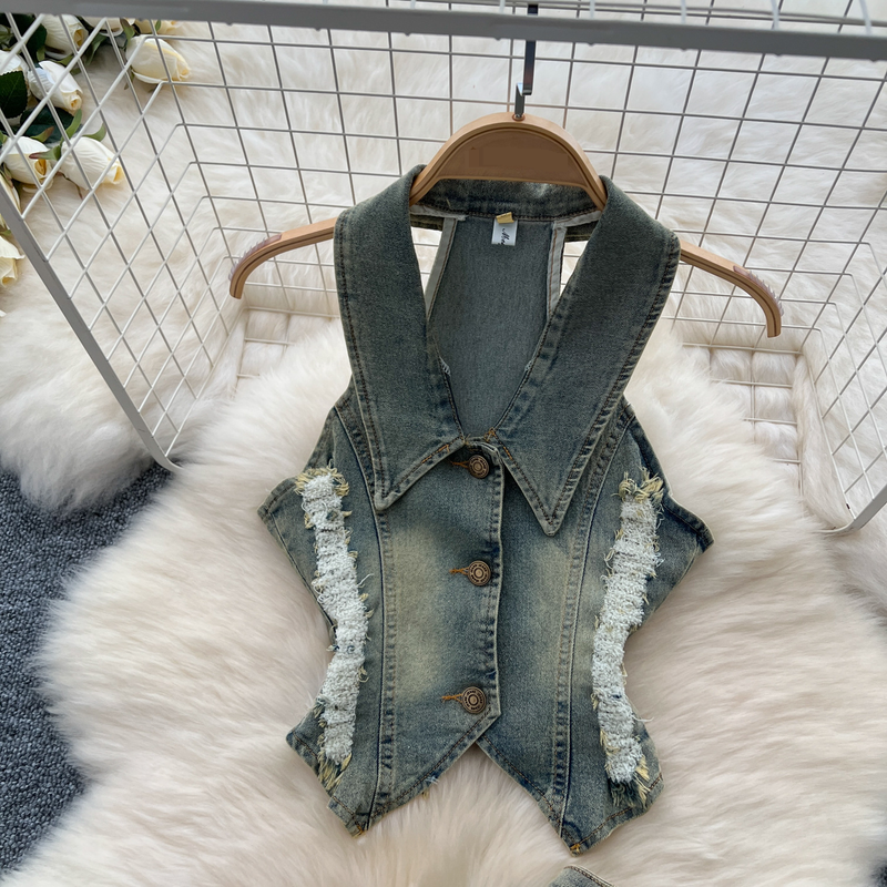 Women's Clothing Retro Washed Distressed Halter Neck Sleeveless Lapel Raw Edge Denim Top Slit Slim Skirt Two Piece Set_voghion.com